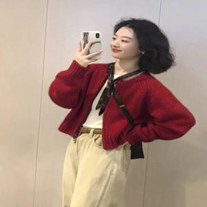 블루 니트 지퍼 스웨터 코트 부드러운 레트로 출퇴근 스타일 여성용 아우터웨어 짧은 캐주얼 긴팔 라운드 넥 가을 재킷