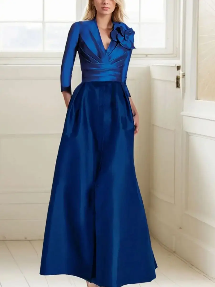 우아한 A라인 프롬 이브닝 가운 긴 소매 새틴 V넥 바닥 길이 플리츠 웨딩 게스트 드레스 2025 무료 맞춤 제작