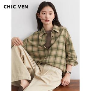CHIC VEN 여성 셔츠 루즈 캐주얼 신상 샌딩 체크 셔츠 긴팔 중간 길이 블라우스 여성 상의 봄 가을 2025