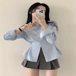 한국 스타일 여성 셔츠 주름 장식 허리 슬림핏 긴팔 폴로 칼라 싱글 버튼 봄 여름 가을 패션 디자인