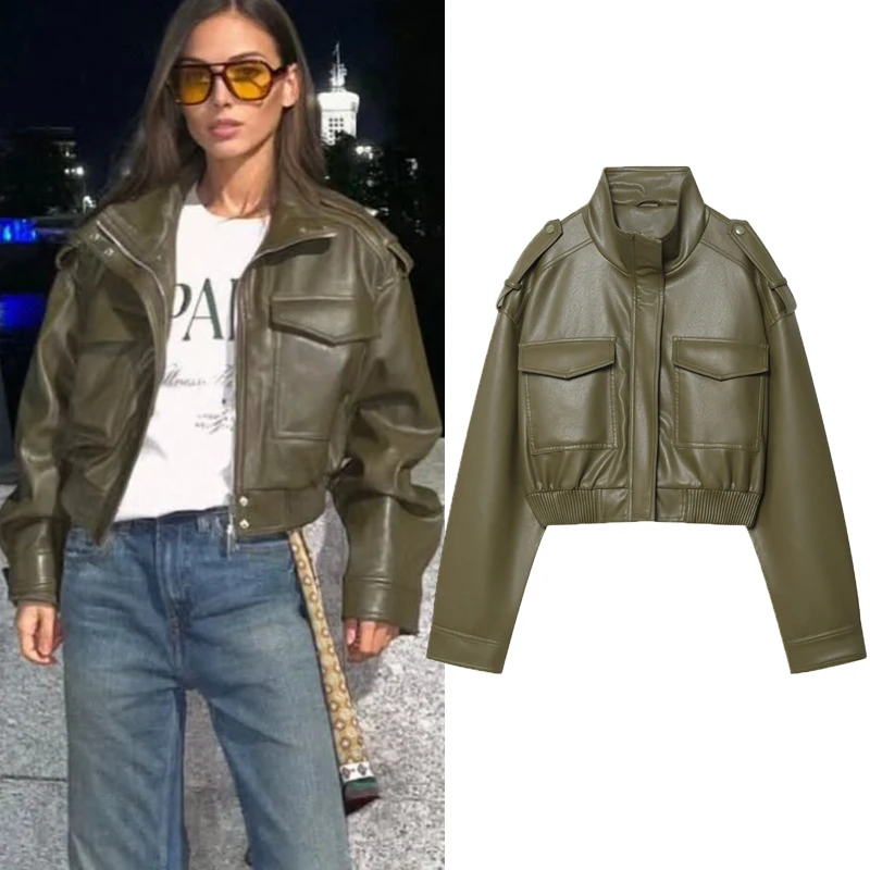 여성용 재킷 인조 가죽 재킷 그린 여성용 데미 시즌 재킷 아우터웨어 여성용 가을 신상품 코트 윈드브레이커 스트리트웨어