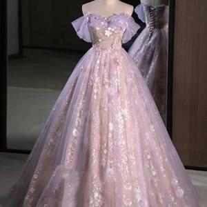 라이트 럭셔리 핑크 퍼플 이브닝 드레스 여성용 스위트 플리츠 오프숄더 플라워 아플리케 프롬 가운 스팽글 A라인 베스티도