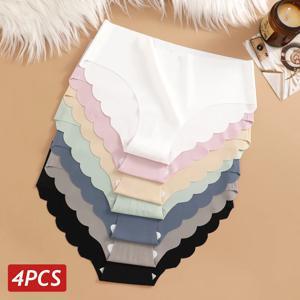 아이스 실크 무봉제 팬티 4PCS/세트 여성용 속옷 단색 탄력 언더웨어 여성용 초박형 무자국 물결무늬 팬티