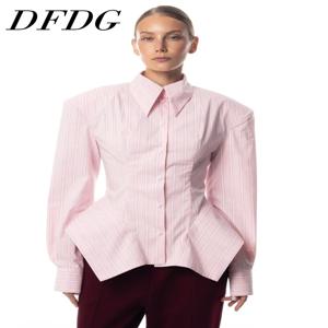 DFDG 여성용 봄 여름 라펠 스트라이프 슬림핏 비대칭 밑단 셔츠 캐주얼 오피스 데이트 2026 트렌디 여성 패션 셔츠