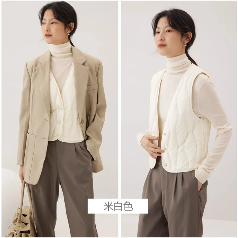 경량패딩 패딩조끼  화이트 덕 다운 여성 재킷, V넥 다운 조끼, 퀼트 따뜻한 민소매 조끼, 2023 가을 겨울 한국 패션 의류