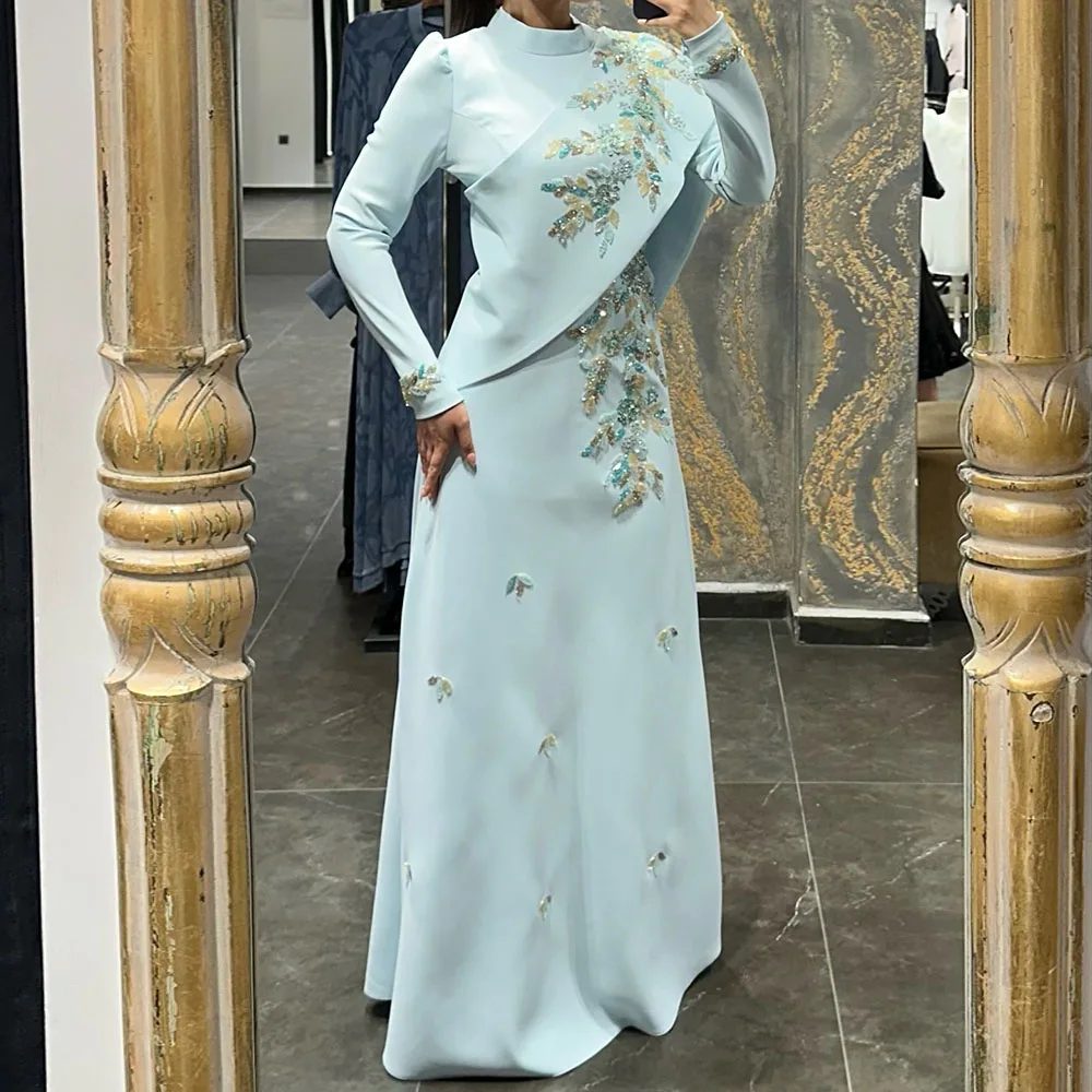 맞춤형 A 라인 이브닝 드레스 바닥 길이 하이 넥 풀 슬리브 댄스 파티 드레스 패션 꽃 스팽글 간단한 드레이프 파티 드레스