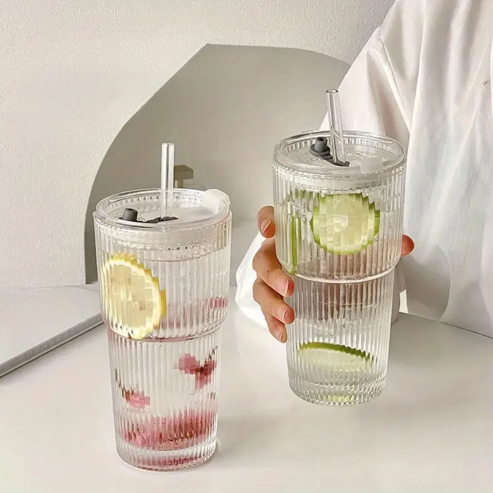 뚜껑과 밀짚이있는 600ml 스트라이프 유리 컵 주스 물과 아이스 커피 컵 머그컵 Drinkware 용 투명한 마시는 안경