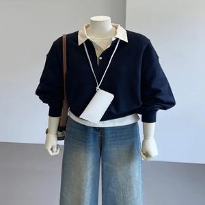 아메리칸 스타일 여성용 스웨트셔츠 캐주얼 다용도 봄 가을 고급스러운 느낌 루즈핏 오가닉 코튼 긴팔 폴로넥 탑