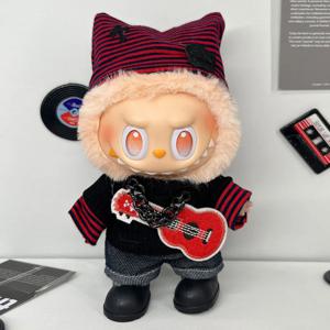 Labubu 힙합 스타일 티셔츠 바지 모자 기타 패션 뮤직 스타 팬 선물을위한 미니 플러시 아이돌 인형 옷