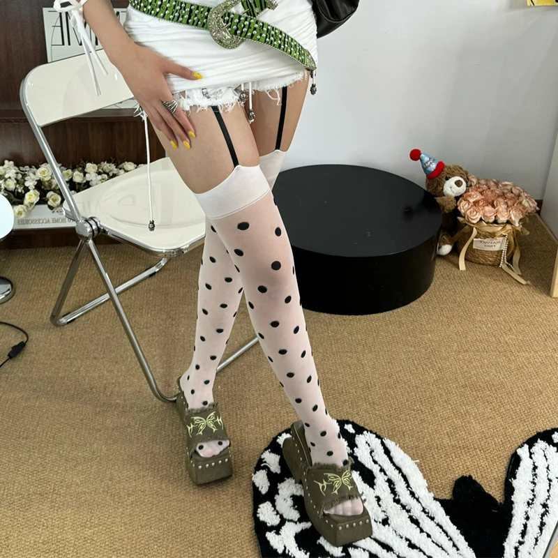 도트 무늬 허벅지까지 오는 스타킹 여성 Y2K 소녀 서스펜더 롱 오버 니삭스 코스프레 로리타 하라주쿠 허벅지까지 오는 섹시 팬티스타킹