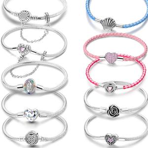 새로운 참 브레이슬릿 925 실버 하트 모양 성모 스네이크 체인 클래스프 팔찌 오리지널 비즈 DIY 패션 쥬얼리에 적합