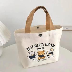 여성용 곰 모양 캔버스 토트백 귀여운 미니 핸드헬드 도시락 가방 학생용 스쿨백 선물 가방