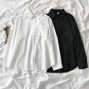 일본식 느슨한 긴 소매 흰색 셔츠 여성 프레피 스타일 포켓 턴 다운 칼라 셔츠 여성 하라주쿠 오버 사이즈 블라우스