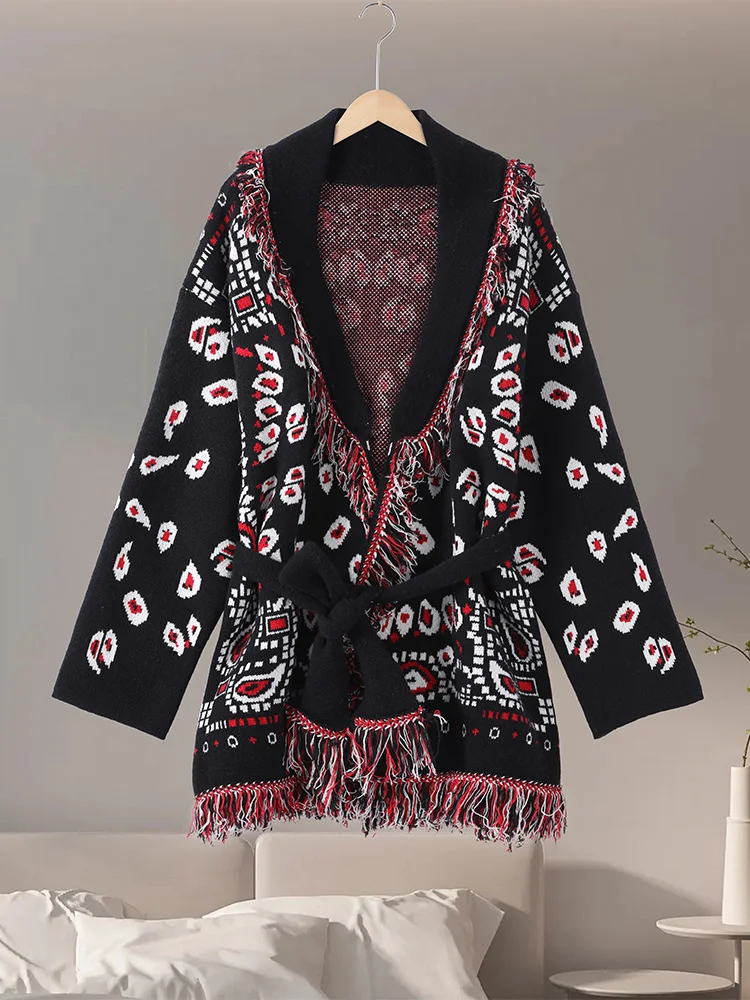 태슬 니트 자카드 레이스업 가디건 여성 루즈핏 V넥 긴팔 두꺼운 여성 스웨터 2025 가을 겨울 여성 니트웨어