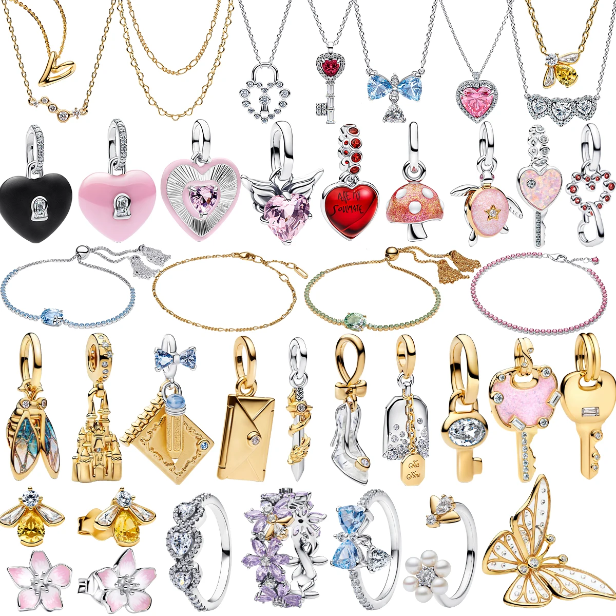 새로운 925 스털링 실버 참 하트 꿀벌 꽃 열쇠 자물쇠 귀걸이 반지 비즈 팔찌 목걸이 여성용 DIY 쥬얼리 선물