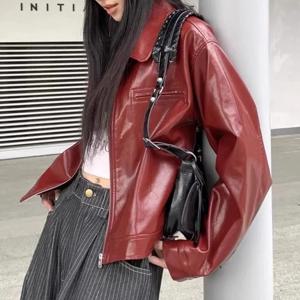 여성용 레트로 레드 라펠 가죽 재킷, 달콤하고 시원한 소녀 루즈 재킷, 탑 겨울 코트, 초가을 신상