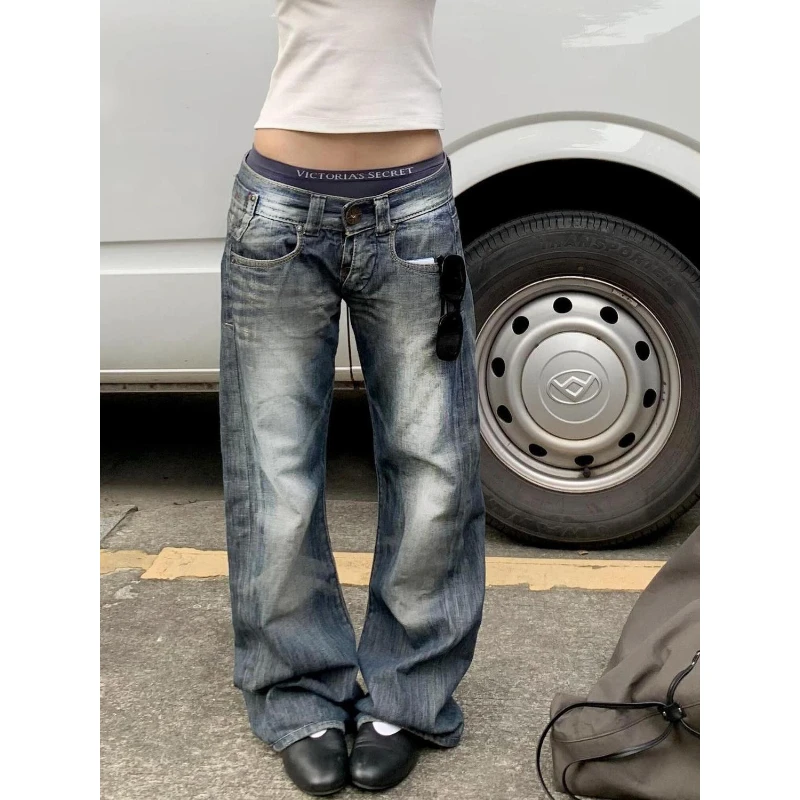 딥타운 블루 빈티지 Y2K 여성 청바지 워시 하라주쿠 로우 웨이스트 일본 2000년대 스타일 데님 팬츠 배기핏 아메리칸 스트리트웨어 가을