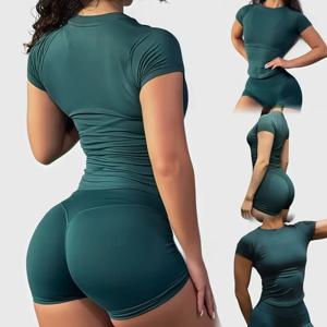 2피스 임팩트 스포츠 세트 여성 짐 요가 세트 심리스 피트니스 짐 의류 스포츠웨어 반팔 상의 스포츠 반바지 레깅스 슈트