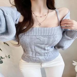 동대문 뉴 스타일 퓨어 디자이어 슬림핏 니트 롱 슬리브 랩 가디건 투피스 세트 몸매를 강조하는 섹시 패션