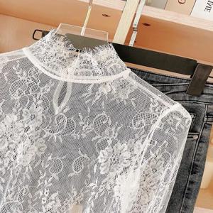 프랑스 스타일 레이스 베이스 셔츠 여성 봄 가을 얇은 섹시한 속이 비치는 긴팔 티셔츠 오버랩 메쉬 탑 하이 칼라 네트 셔츠