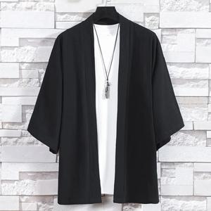 남성용 기모노 가디건 일본식 재킷 캐주얼 코튼 3/4 슬리브 셔츠 오픈 프론트 코트 경량 린넨 유카타