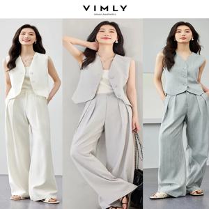 VIMLY 투피스 오피스룩 여성 2026 여름 팬츠 세트 린넨 혼방 여성 정장 V넥 조끼 + 와이드 레그 롱 팬츠 M7357