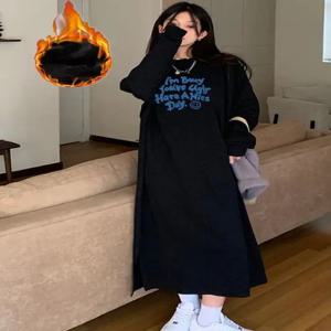 겨울용 두꺼운 플리스 방한 대형 여성용 드레스 루즈핏 플러스 사이즈 롱 오버니 캐주얼 티셔츠 드레스