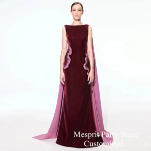 버건디 벨벳 무도회 원피스, 오픈 백 맞춤형 보트 넥 구슬 장식, 스팽글 사우드 파티 가운, 케이프 댄스 이브닝 드레스