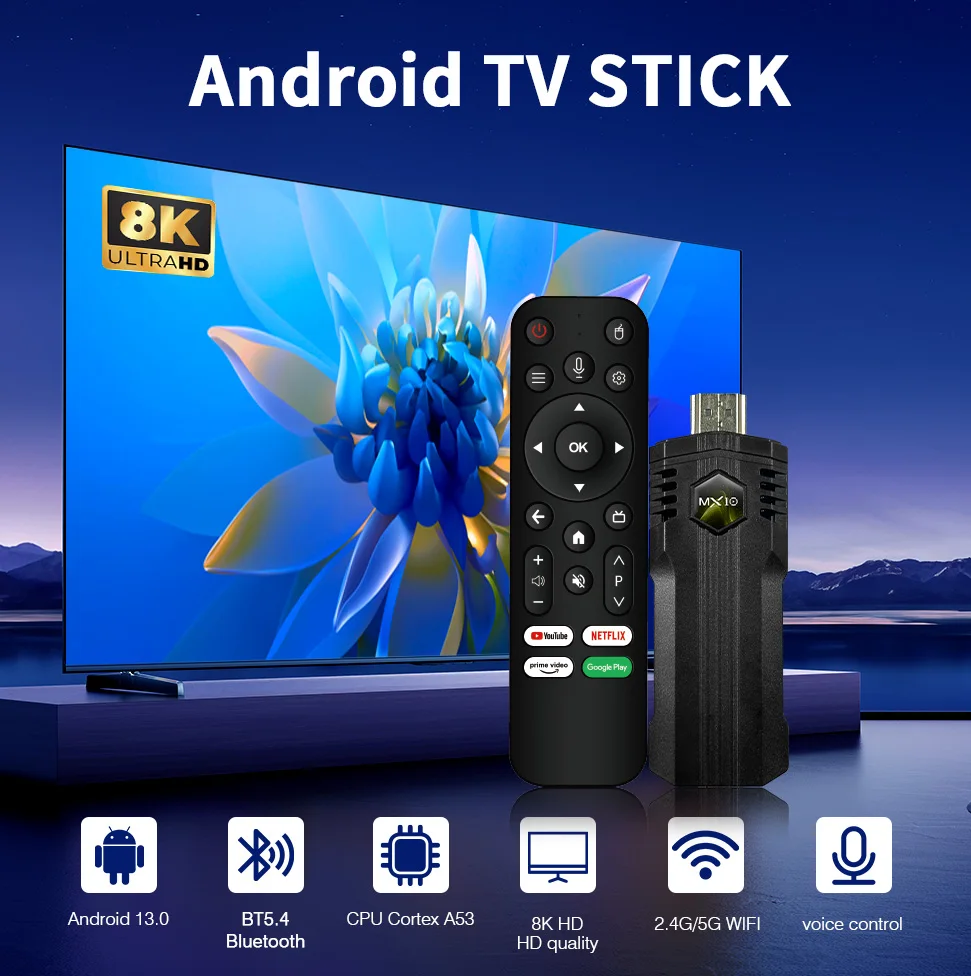 4K 스트리밍 스마트 TV 스틱 MX10 X1 4K 울트라 2GB 16GB WIFI 음성 리모컨 안드로이드 13 TV 스틱 셋톱 박스 파이어 스틱