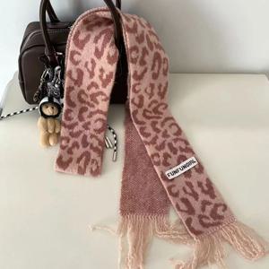 레트로 레오파드 프린트 태슬 스카프 니트 울 미니 스카프 가을 겨울용 스윗 쿨 밀레니얼 스타일 패션 액세서리