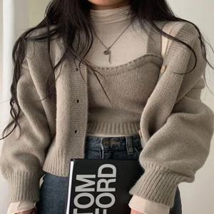 봄가을 니트 오픈 가디건 스웨터 여성용 루즈핏 레이지 스타일 숏탑 코트 트렌디 투피스 세트 V넥 긴팔