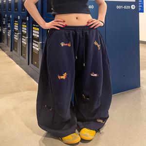 미국 스트릿 스타일 소시지 도그 자수 드레이핑 와이드 레그 스웨트팬츠 남녀 레트로 플리츠 슬리밍 캐주얼 팬츠