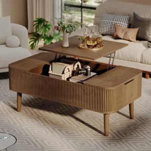 미드 센추리 모던 우드 플루티드 리프트 탑 커피 테이블 직사각형 센터 테이블 숨겨진 수납공간 거실용 가정용