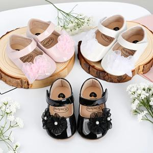 아기 여자아이 부드러운 공주 드레스 플랫 슈즈 아기 웨딩 진주 꽃 장식 메리 제인 첫걸음 신생아 신발 세례 신발