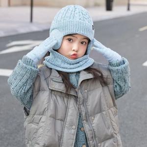 3개 세트 단색 모자 스카프 장갑 세트 귀덮개 방한 겨울 풀오버 모자 두꺼운 따뜻한 귀 보호 캡 어린이용