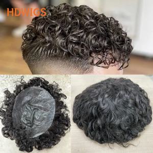 곱슬 남자 Toupee 전체 PU 0.12-0.14cm ISKIN 매듭 모세관 보철 인도 인간의 머리 가발 물결 자연 헤어 피스