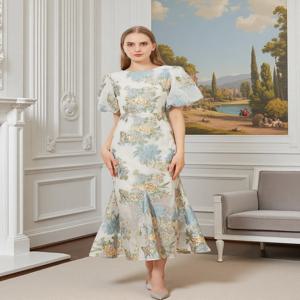 우아한 꽃 오간자 피쉬테일 롱 원피스 맥시 럭셔리 인어 이브닝 드레스, 퍼프 슬리브 패션 슬림 바디콘 파티 클럽 원피스