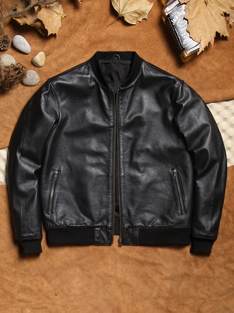 새로운 면 혼방 천연 가죽 재킷 남성용 탑 레이어 소가죽 오토바이 스타일 얇은 아우터 양가죽 봄 청년 캐주얼