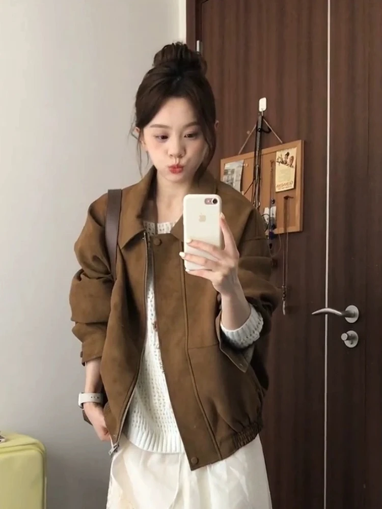 레트로 스웨이드 자켓 여성 루즈핏 캐주얼 코트 봄 가을 신상 스몰 사이즈 고급스러운 느낌 지퍼 포켓 폴리에스터 안감