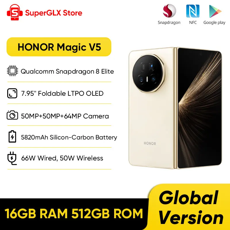 오리지널 HONOR Magic V5 글로벌 버전 스냅드래곤 8 엘리트 7.95인치 듀얼 HDR OLED 디스플레이 5820mAh 배터리 66W 슈퍼차지 NFC eSIM