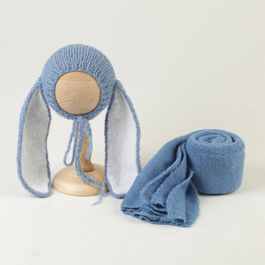 니트 스트레치 랩 및 큰 귀 토끼 보넷 세트, 신생아 사진 소품, 부드러운 아기 토끼 모자, 사진 액세서리