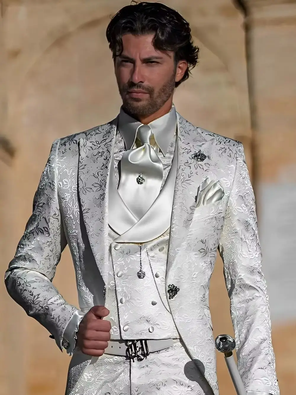 자카드 남자 정장 3 조각 정장 신랑 파티 턱시도 웨딩 남자 정장 재킷 바지 조끼 슬림 맞는 맞춤 정장 남성