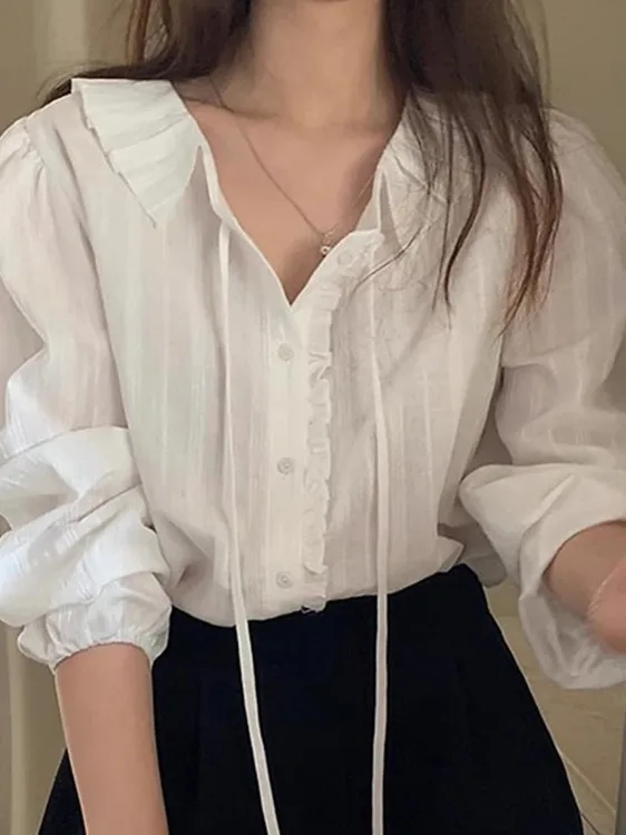 달콤한 젊은 감각의 흰색 셔츠 여성용 한국 스타일 젠틀 새시 스플라이스 우드 이어 루즈 버블 슬리브 이너웨어 탑 이른 봄