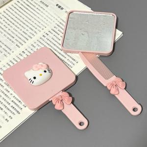새로운 핑크 고양이 손잡이 거울 빗 휴대용 휴대용 메이크업 거울 소녀의 심장 거울 빗 통합 작은 거울