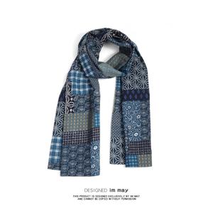 인디고 블루 다용도 레트로 웨더드 코튼 린넨 봄 가을 스카프 여성용 남성용 예술적 숄더 랩 Non-Visvim