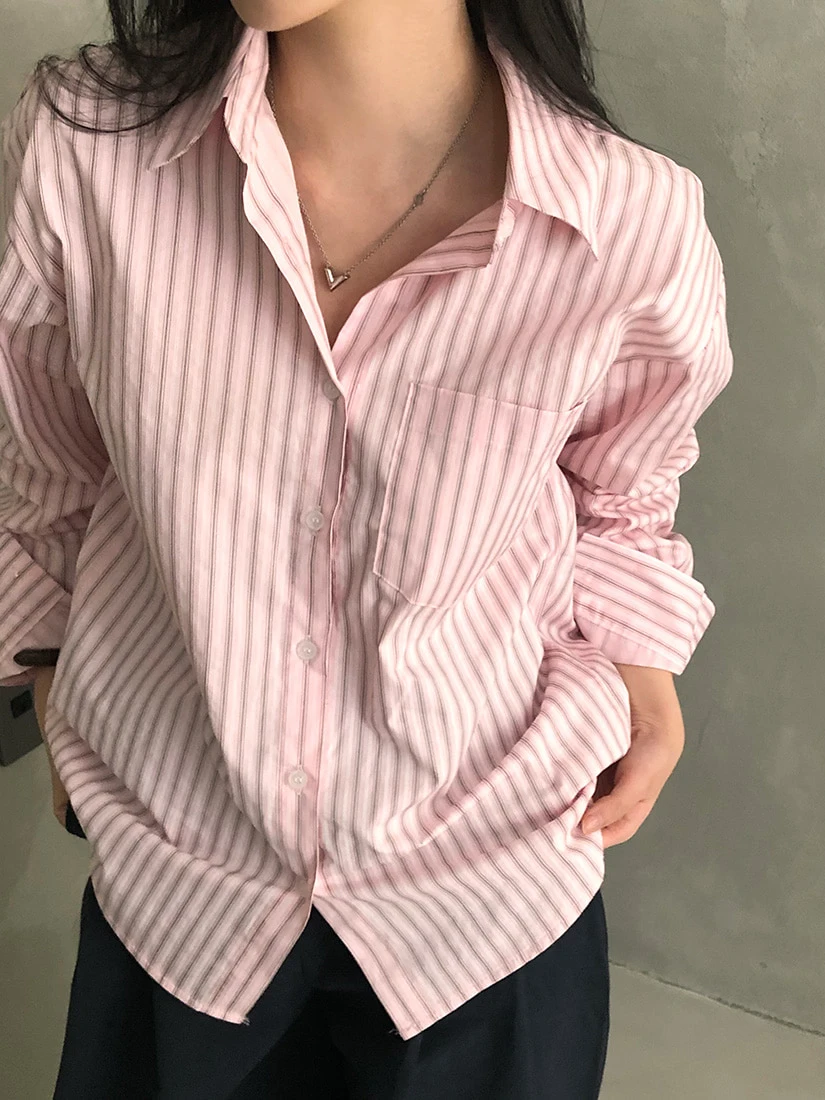 봄 가을 루즈핏 캐주얼 긴팔 여성 셔츠 트렌디한 레이어드 스트라이프 핑크 클래식 칼라 버튼업 탑