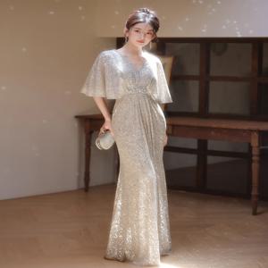 우아한 실버 이브닝 가운 여성용 고급 맞춤 웨딩드레스 피쉬테일 스커트 회사 연말 파티 호스트 드레스