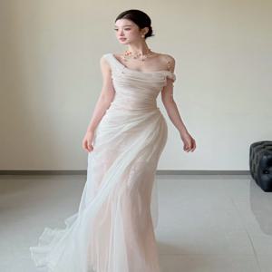 우아한 화이트 스팽글 웨딩드레스, 트레인 피쉬테일 디자인, 이브닝룩, 한국 스타일 지퍼, 하이웨이스트, 롱 슬리브리스 드레스