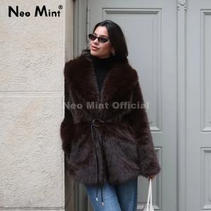 네오 민트 시크 브랜드 패션 브라운 벨트 페이크 퍼 코트 여성 2025 겨울 두꺼운 따뜻한 롱 폭스 퍼 재킷 소녀 퍼리 오버코트