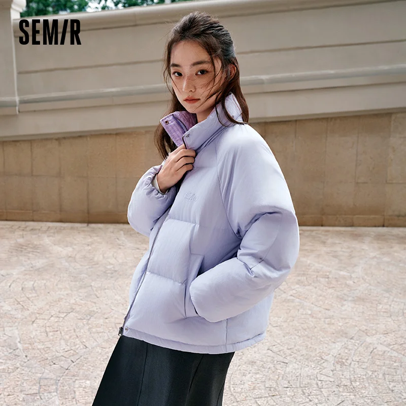 세미르 텍스처드 다운 재킷 스트라이프 패치워크 여성용 2025 겨울 대학 스타일 루즈핏 스탠드 칼라 패션 아우터웨어
